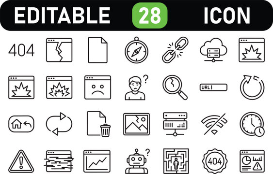 Website Error 404 and Page Not Found Outline Icon Set, Server Failure, Broken Link, Network Problem, Editable Stroke UI UX Line Vector Icons Collection