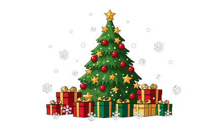 Naklejka premium Green Christmas Tree With Gold Stars and Red Ornaments Surrounded by Gift Boxes on White