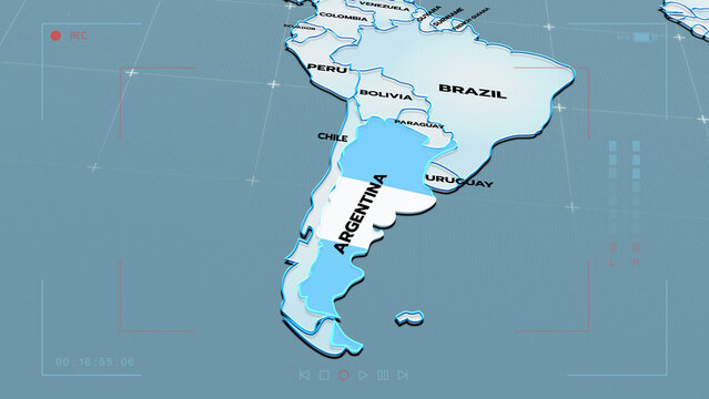 a futuristic 3D map showing part of Argentina, South America, map of South America, Argentina map, Argentina FLAG,