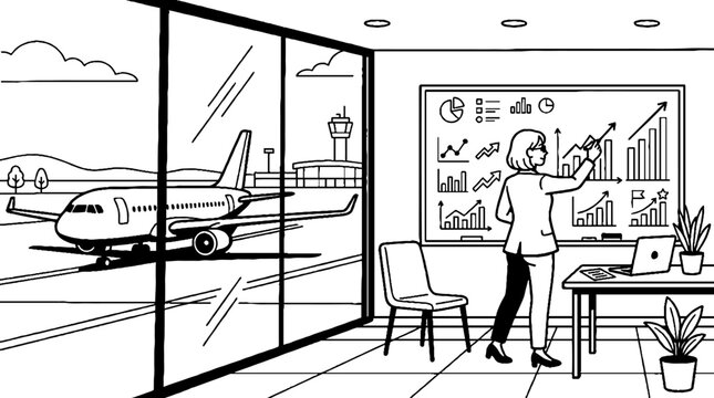 Business professional analyzing data charts with airport view