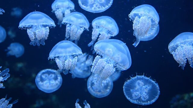 A group of jellyfish swimming in the dark blue ocean water with their tentacles hanging down