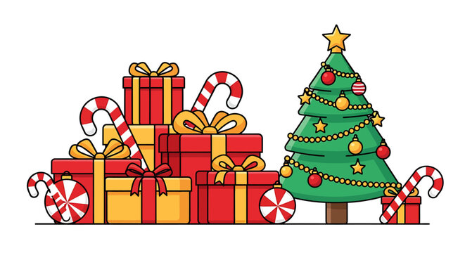 Professional Holiday Arrangement of Presents and Candy Canes Around a Stylized Green Christmas Tree