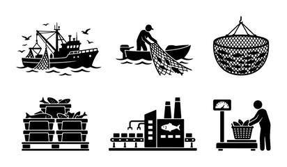 Naklejka premium Fishing Industry Icons Set: Commercial Trawler, Fisherman Catching Fish, Seafood Factory, Weighing Scales, Vector Graphics for Maritime Commerce and Aquaculture