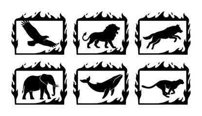 Powerful Animal Silhouettes Set: Eagle, Lion, Wolf, Elephant, Whale, Cheetah in Fiery Frames, Bold Vector Icons for Wildlife and Nature Themes © Imran