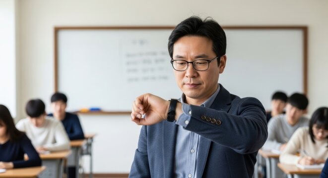 The students are sitting in the classroom and the professor is looking at the clock.