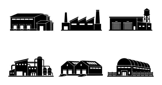 Industrial Building Icons Set, Factory Silhouettes Collection, Warehouse Vector Graphics, Manufacturing Plant Symbols, Commercial Architecture Illustrations