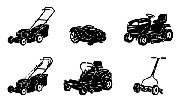 Lawn Mower Icons Set, Garden Equipment Vector Collection, Outdoor Maintenance Tools, Residential Yard Care Machines