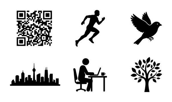 Diverse Silhouette Icon Set: QR Code, Runner, Bird, Cityscape, Office Worker, Tree, Vector Graphics for Web and Print