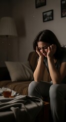 Obraz premium Woman sitting alone in a dimly lit room, feeling sad and stressed.