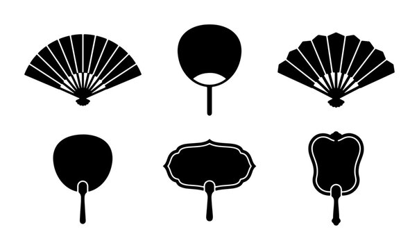 Japanese Fans Collection, Traditional Handheld Folding and Round Styles, Black Silhouette Vector Icons, Asian Cultural Elements