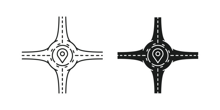 Roundabout road intersection map pin location icon in outline and solid black with the design