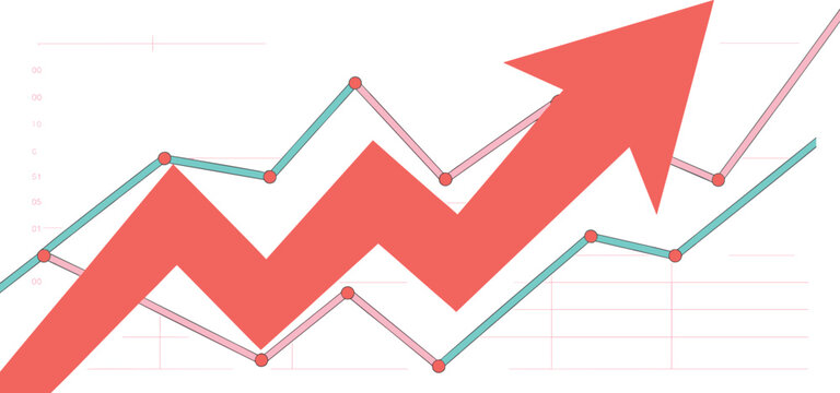 Financial stock market growth graph with rising red arrow and line charts for business success and economic profit analysis