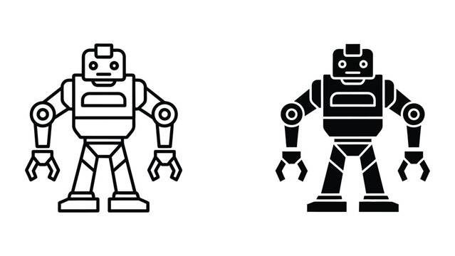 Black and white robot standing next to simple robot icon