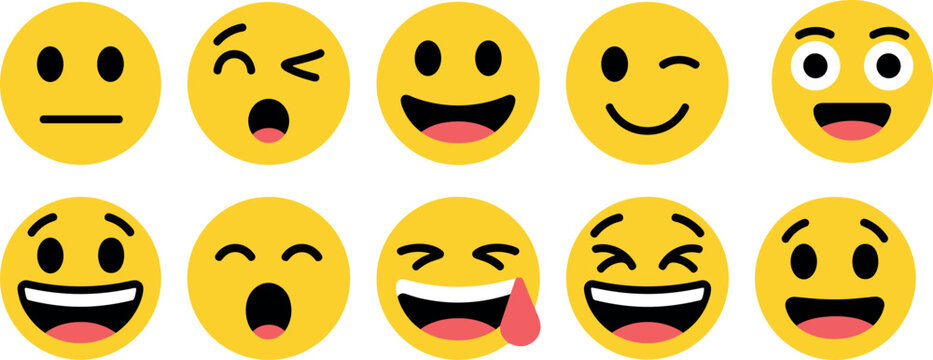 Set of yellow emoji face icons with various expressions including happy laughing winking and surprised for social media communication design isolated vector illustration