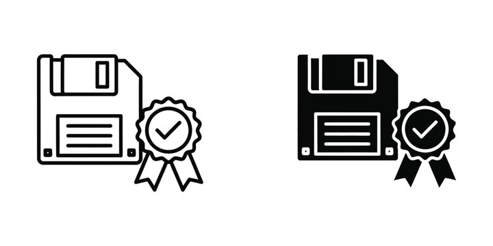 Verified legacy data storage floppy disk with quality seal icon diskette technology computer