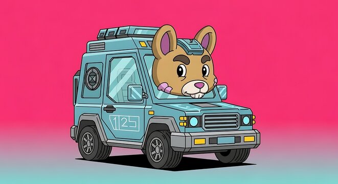 Cartoon rabbit driving a van vehicle.
