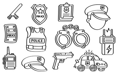 Hand drawn doodle vector illustration of a cartoon police icons set for law, justice, cop, officer security fun cartoon style suitable for kid educational purpose © andinur