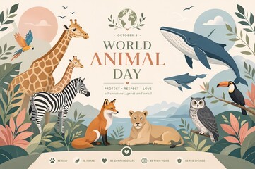 Fototapeta premium Colorful illustration for World Animal Day featuring diverse animals.