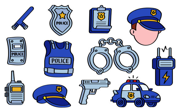 Colorful Police Officer Equipment Doodle Cartoon Set Law Justice fun cartoon style suitable for kid educational purpose