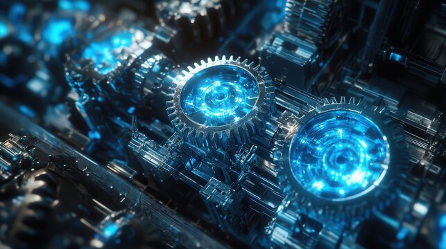 Blue glowing gears and circuit boards forming a complex mechanical system, futuristic tech vibe