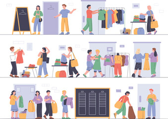 Fototapeta premium People Shopping for Clothes in a Store, Browsing Racks and Shelves with Apparel