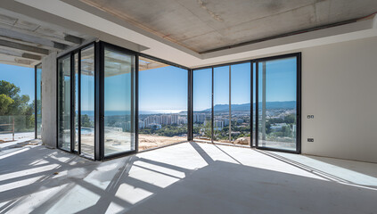 Fototapeta premium An interior shot, in a partially constructed space, shows large glass doors that offer expansive city and mountain views