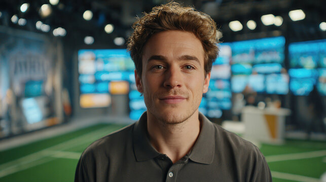 Close-up of confident young man with curly hair standing inside modern sports broadcasting studio