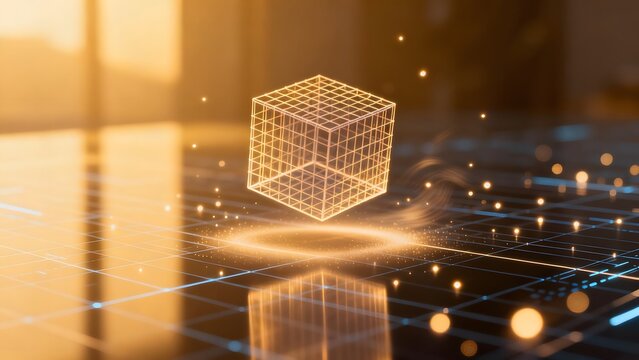Floating wireframe cube on grid surface