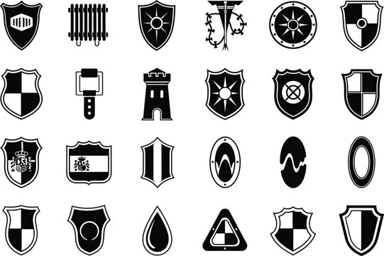 Set of 24 unique medieval and modern heraldic shields icons