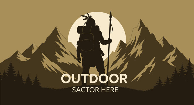 Silhouette of an adventurer with a staff and backpack.
