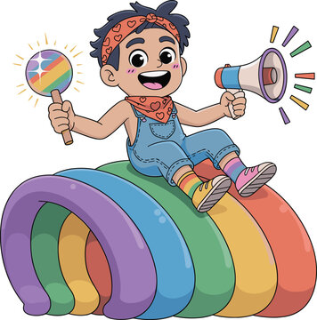 A cute cartoon child sitting on an arch of rainbow colors while holding a brightly colored rattler and a megaphone to celebrate Pride Month.