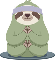 Fototapeta premium A cute cartoon sloth in a green outfit sitting in a meditative yoga pose with eyes closed for inner peace