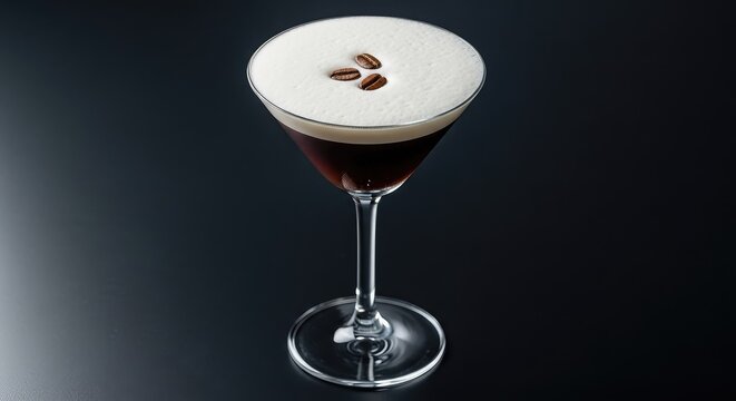 A fresh espresso martini stands on a dark surface, featuring a thick layer of creamy white foam topped with three roasted dark coffee beans, beverage, gourmet, macro