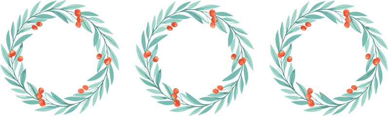 Elegant eucalyptus wreath vector illustration with green leaves and red berries in flat style for wedding invitations, branding, and decor © MDNazmul