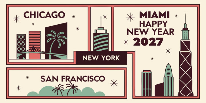 USA, US, U.S, United States - Happy new year 2027 greeting card with flat illustrations of famous usa city skylines including chicago miami new york and san francisco landmarks in retro style
