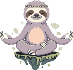 Fototapeta premium A cute cartoon sloth sitting in a lotus meditation posture representing inner peace and mindfulness on International Yoga Day