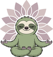 Fototapeta premium A cute cartoon sloth sitting in a meditative yoga pose with a peaceful expression in front of a lotus flower silhouette