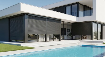 Fototapeta premium A luxurious modern villa features minimalist architecture with integrated dark grey electric roller shutters over large glass windows, minimalist, grey, privacy