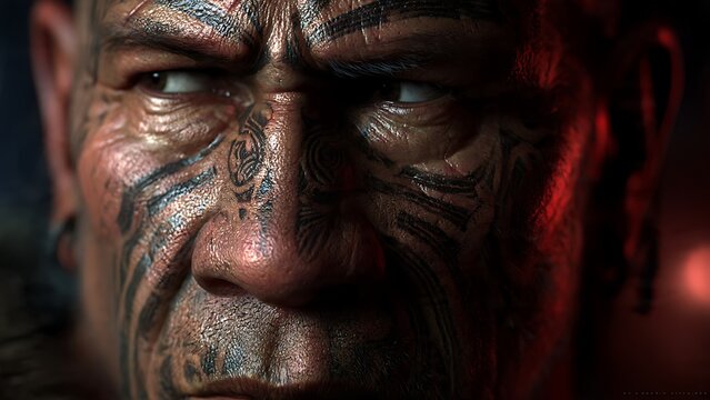 A weathered face adorned with intricate tribal tattoos stares intensely, a portrait of fierce determination and cultural heritage rendered with cinematic realism.