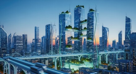 Fototapeta premium A sprawling futuristic metropolis featuring glass towers, integrated vertical gardens, glowing sky bridges, and robotic transportation, 3d, modern, twilight