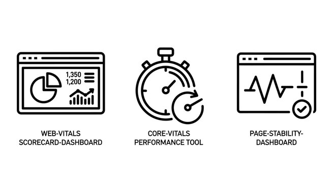 Web analytics core vitals page stability dashboard icons with pie chart data visualization circular progress graph line performance tool dashboard performance stopwatch stability checkmark