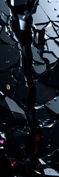 Glistening obsidian shards, fractured dark glass, sharp geometric fragments, light glinting off edges,  mineral,  shards