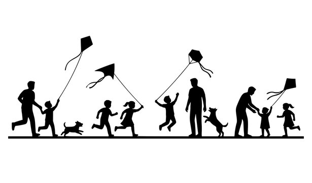 Kids playing kites with dog silhouette vector collection isolated on white