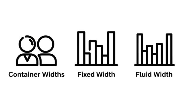 Icons illustrating container widths for web design: user group for containers fixed width bars container responsive illustration technology interface template structure