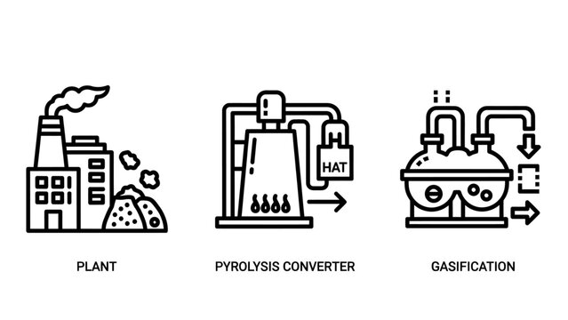 Industrial plant icons: factory pyrolysis converter gasification process with energy production fossil fuels waste processing renewable energy pyrolysis converter gasification industry