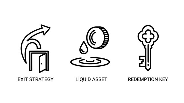 Financial icons: exit strategy liquid asset redemption key concepts business investment currency strategy liquidity solution management security illustration financial ownership