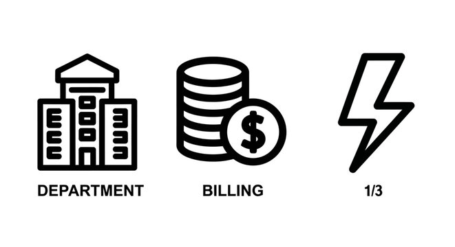 Department building billing coin stack electricity bolt icons with high voltage department building structure currency electricity business commerce financial investment transaction