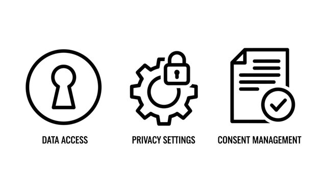 Data access privacy settings consent management icons with personal data document icon security protection information settings agreement management permission document checkbox verified