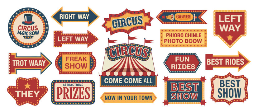 Circus labels carnival retro banner signs vintage magic frames arrows welcome show vector logo collection