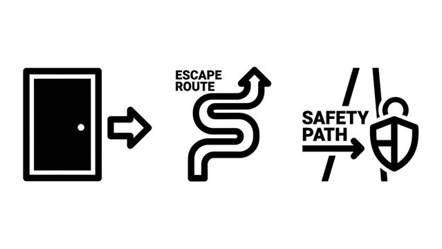 Door escape route safety path icons with exit sign emergency exit emergency direction security guidance building information collection illustration minimalist abstract strategy planning